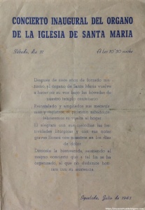 Publicidad Concierto inaugural del Órgano de Santa María de Igualada, Barcelona, 1943