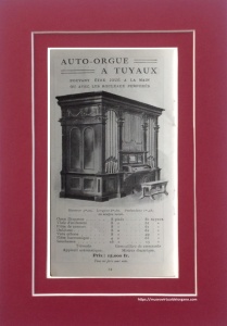 Órgano de tubos automático que se puede tocar a mano o con rollos perforados. Catalogue Orgues et Pianos Estey, Agence Générale Costallat et Cie., París, 1910