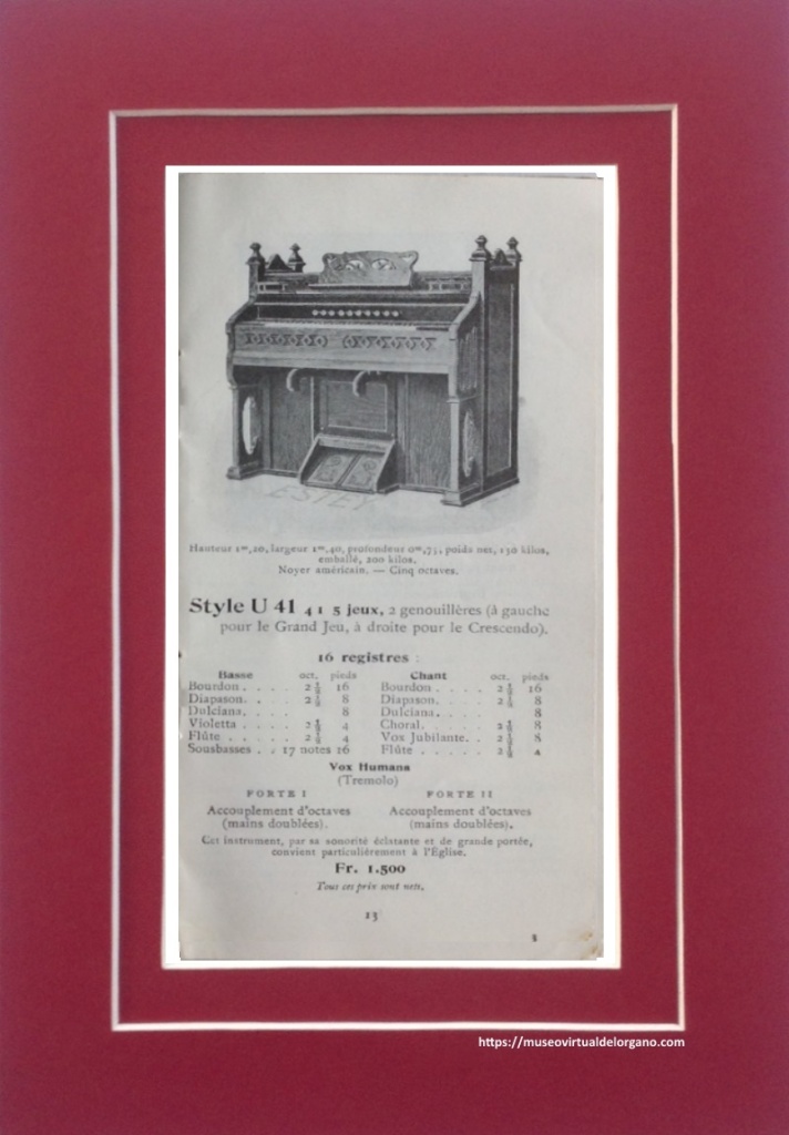 Modelo Style U41. Catalogue Orgues et Pianos Estey, Agence Générale Costallat et Cie., París, 1910