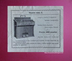 Modelo núm. 2. Catálogo de armoniums de Ricardo Rodríguez, Madrid, ca. 1920