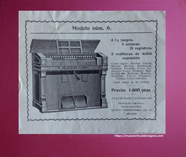 Modelo núm. 6. Catálogo de armoniums de Ricardo Rodríguez, Madrid, ca. 1920