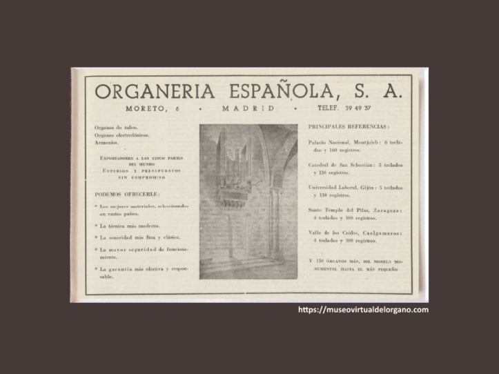 “La exposición flotante española. Recorte publicidad Organería Española, S.A.”, Mundo Hispánico, n.º 99, número extraordinario, Año IX, junio 1956, p. 99
