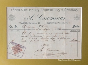 Recibo de la Fábrica de pianos, harmoniums y órganos A. Corominas, 1910