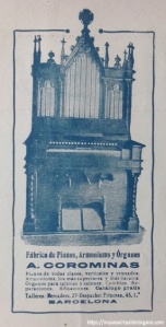 Publicidad de la fábrica de pianos, armoniums y órganos A. Corominas. Revista Mercurio, 1909