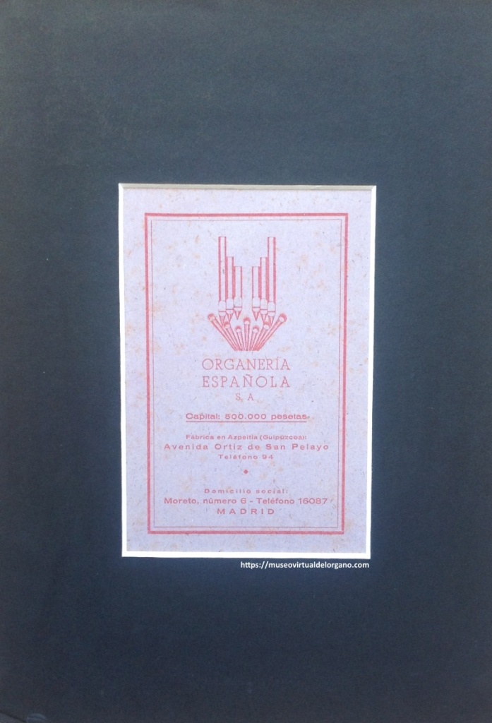 Folleto de constitución de Organería Española (O.E.S.A.), ca. 1940