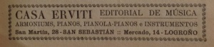 Casa Erviti, armoniums, pianos, pianola-pianos e instrumentos, Antonino Tenas, Dir., Anuario eclesiástico, Eugenio Subirana, Barcelona, 1925, p. 21